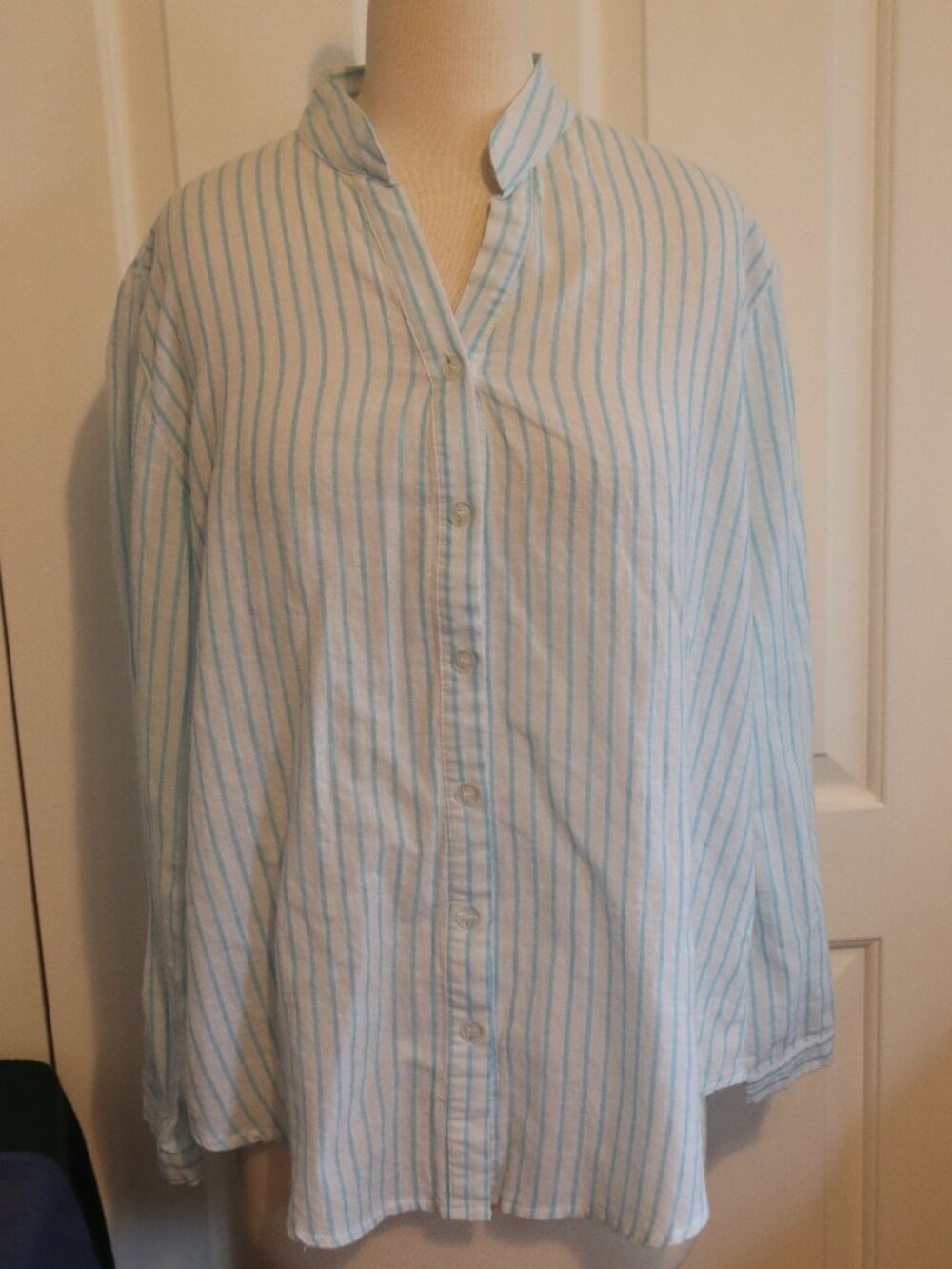 Amaryllis Long Sleeve Lightweight Button Up Light Blue/White Vertical Stripes